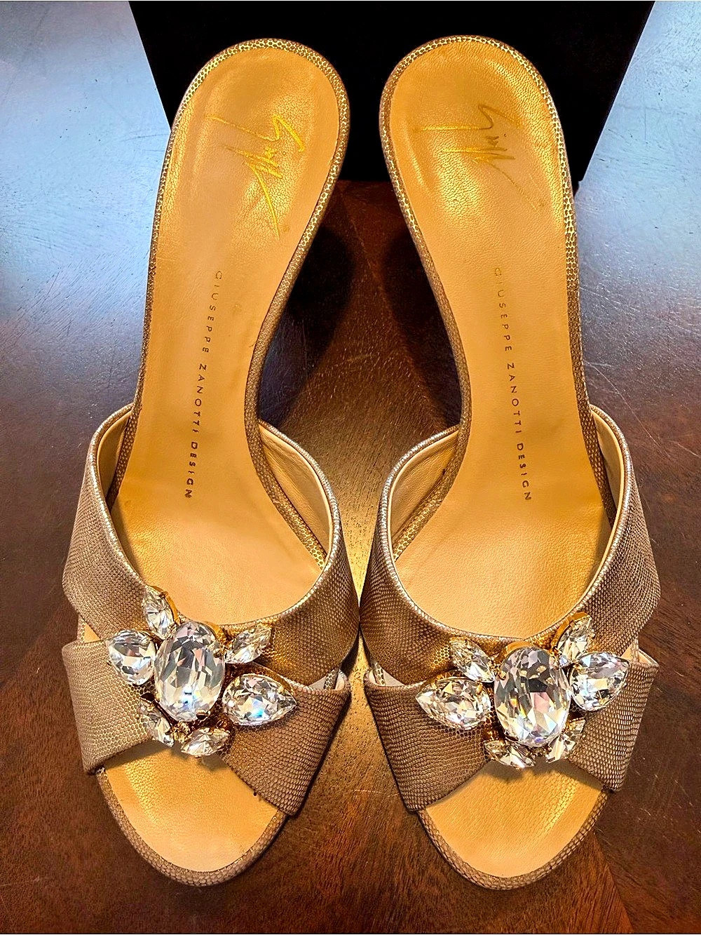 Giuseppe Zanotti Gold Textured Crystal Jewel Embellished Mules Sandals Heels